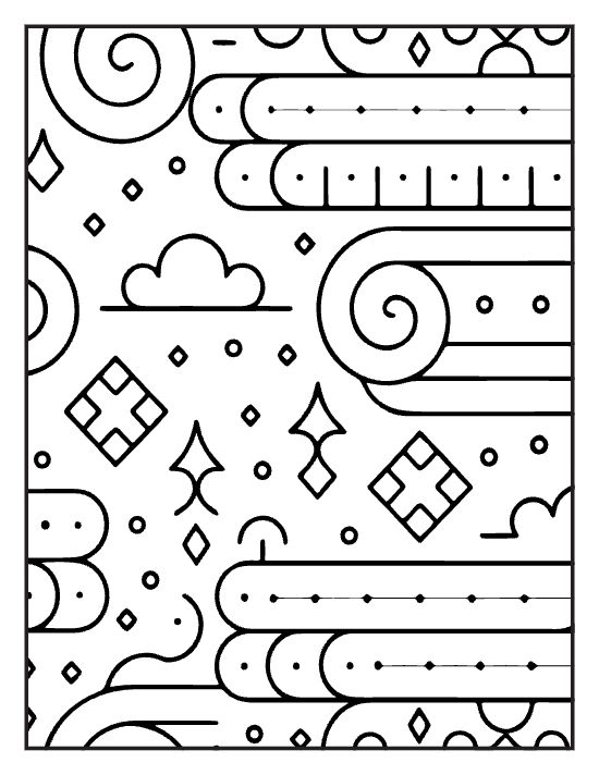 Rolled scrolls with diamond accents and tiny sparkles in a bold pattern on a coloring sheet