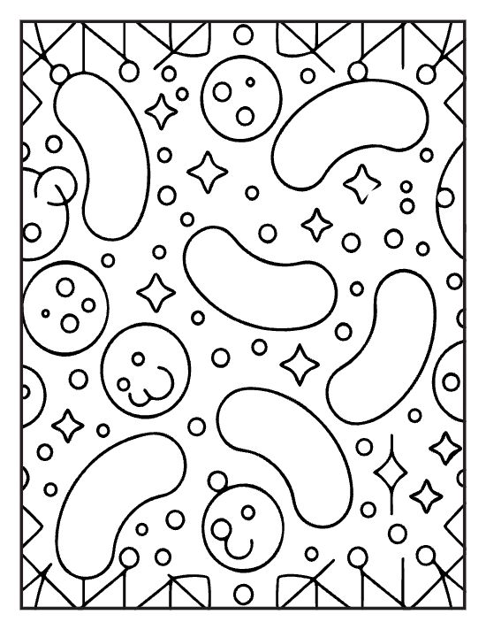 Bean shapes and round faces scattered among stars and circles on a coloring page