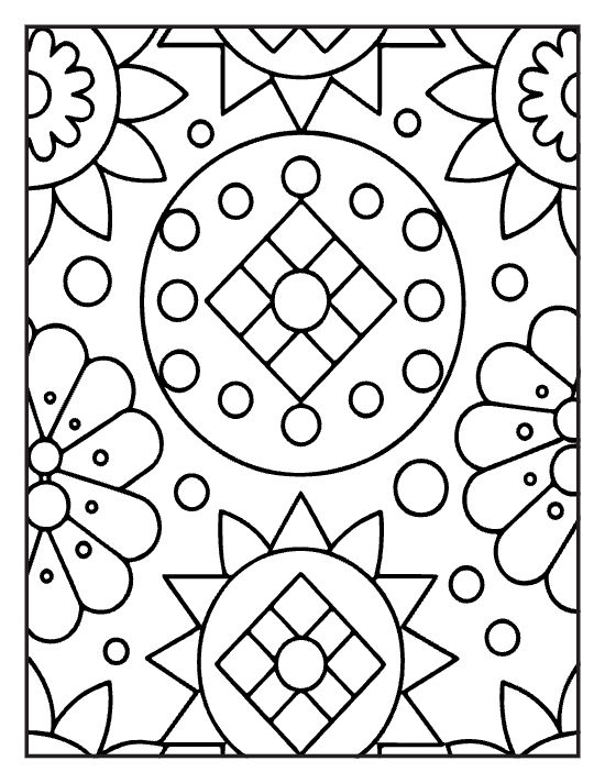 Sunburst flowers around a central diamond grid in a tiled pattern on a coloring page