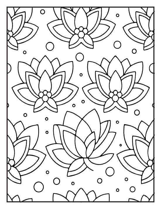 Stylized lotus blossoms repeating in neat rows with tiny dots on a coloring page