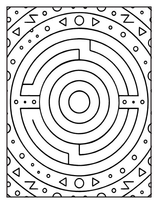 Concentric circle maze surrounded by triangles and dots drawn bold and easy