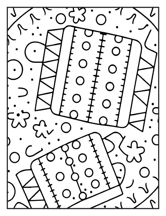 Stacked knit mugs with dot and zigzag bands among small flowers on a coloring sheet
