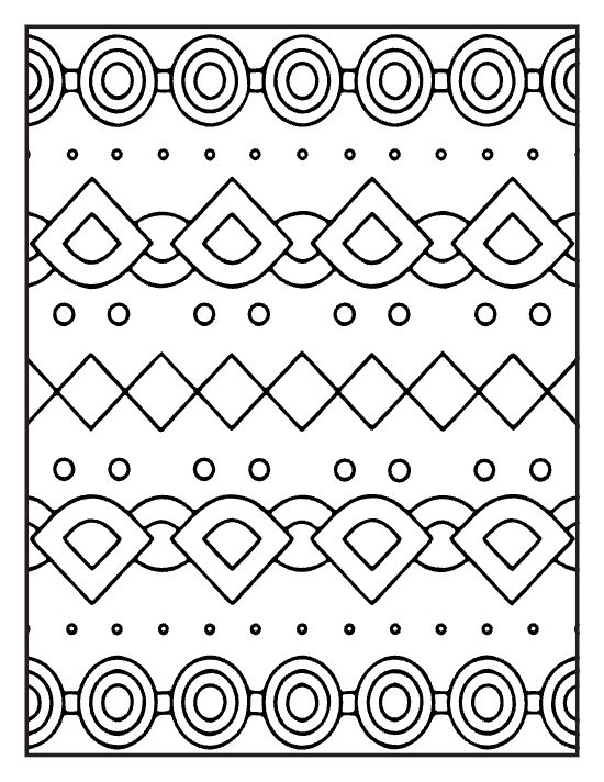 Horizontal bands of diamonds circles and dots stacked across the page on a coloring page