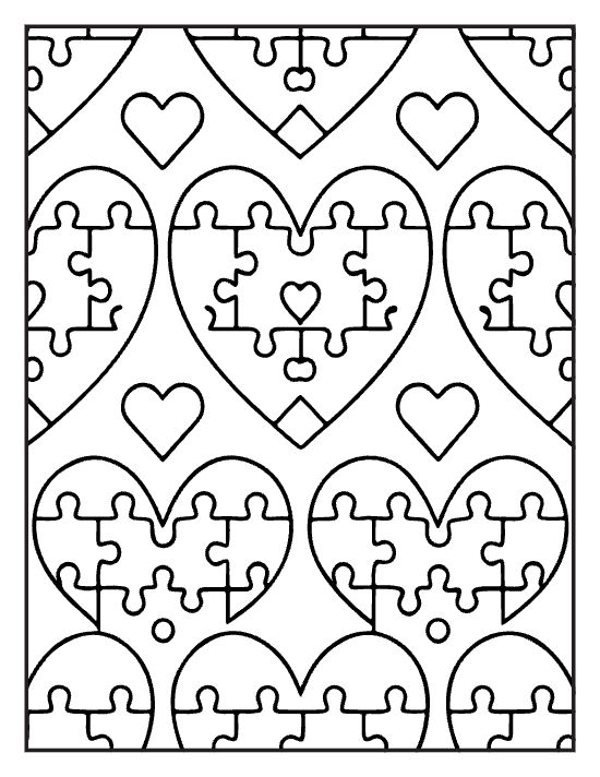 Large hearts made of puzzle pieces between tiny solid hearts on a coloring sheet