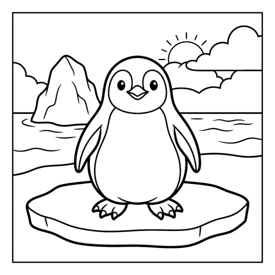 Round penguin standing on a flat ice floe with an iceberg and a low sun behind coloring page