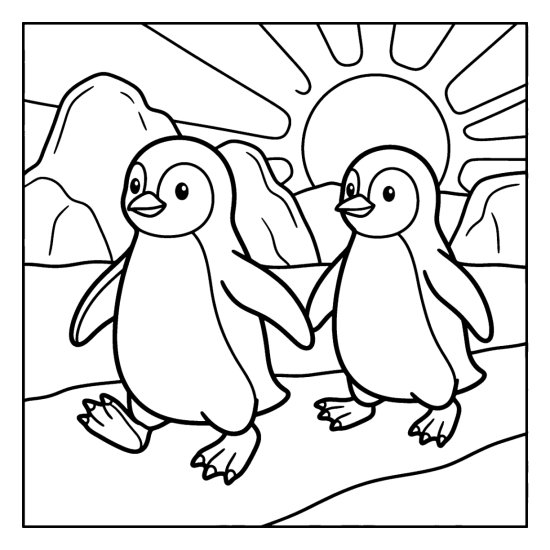 Two penguins waddling in a row across the snow under a rising sun coloring sheet