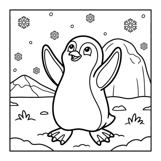 Penguin looking up with flippers raised as snowflakes fall over an ice hill in bold and easy
