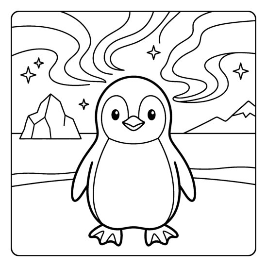 Penguin standing on snow beneath swirling northern lights and stars coloring page