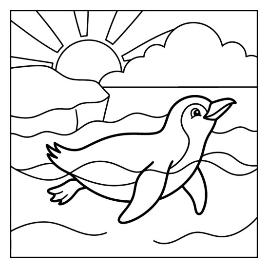 Penguin swimming along the water surface with flippers out and a sunrise behind in bold and easy