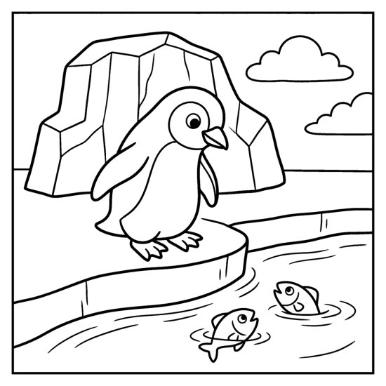 Penguin at the ice edge peering down at two little fish in the water coloring page