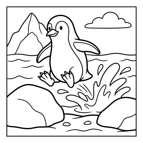 Penguin hopping between two rounded rocks at the shore with a splash coloring sheet