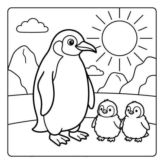 Parent penguin with two fluffy chicks on the snow under a bright sun in bold and easy