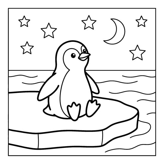 Penguin sitting on an ice floe gazing up at stars and a crescent moon coloring page