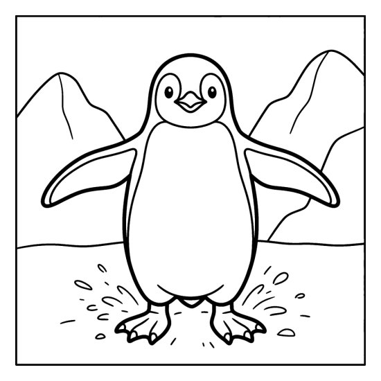 Penguin flapping both flippers wide on the snow with mountains behind in bold and easy