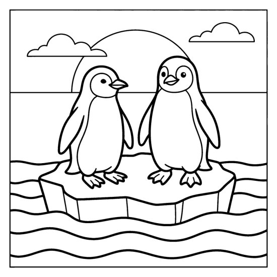 Two penguins standing together on a small iceberg above the sea coloring page