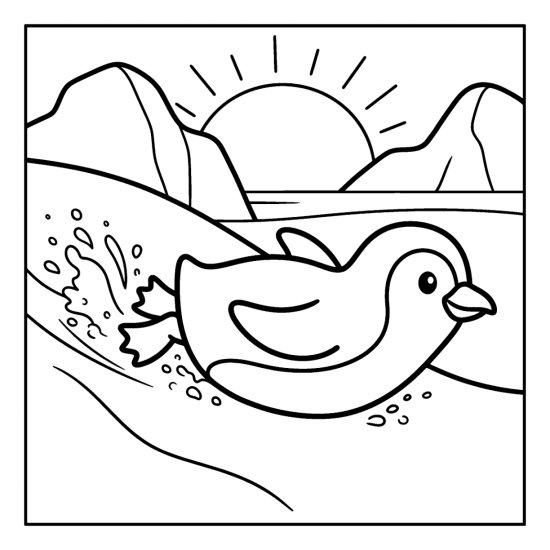 Penguin sliding on its belly down a snowy slope with snow spray and a sunrise coloring sheet