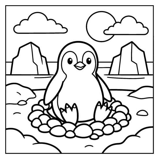 Penguin sitting low on a round pebble nest with icebergs and clouds behind in bold and easy
