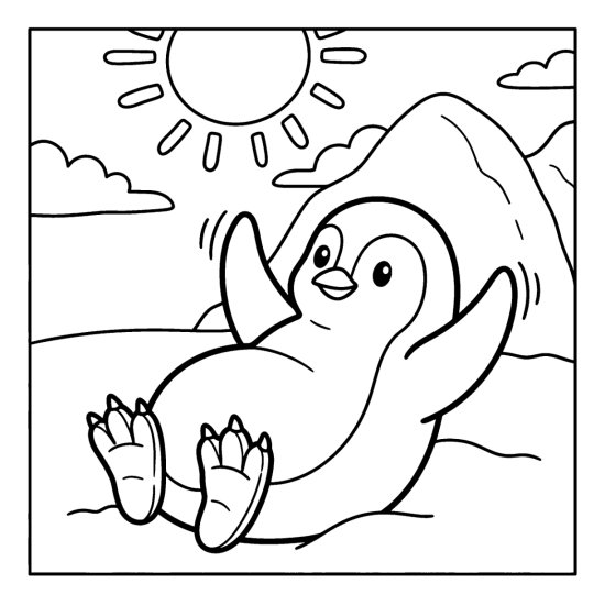 Penguin lying back on the snow waving its flippers under a bright sun coloring sheet