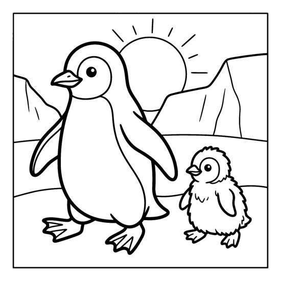 Parent penguin walking with a fluffy chick following close behind on the snow coloring page