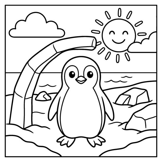 Penguin standing under a curved arch of ice on the snowy shore with a smiling sun in bold and easy