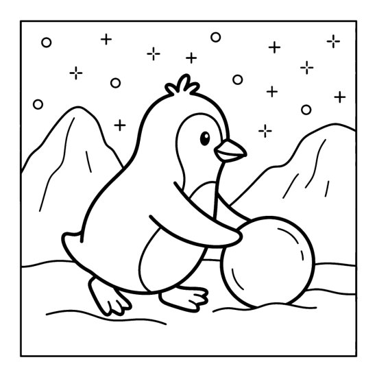 Penguin pushing a round snowball across the snow under a starry sky coloring page