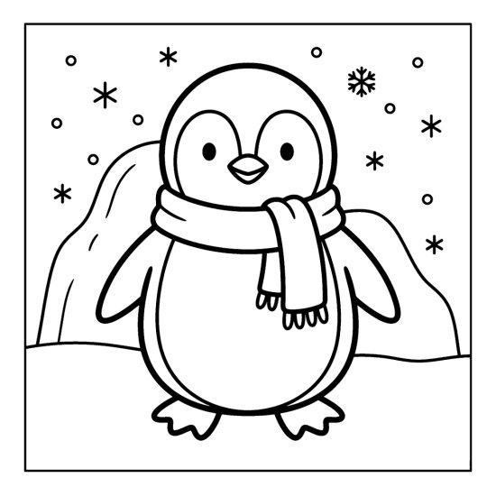 Penguin wearing a simple knitted scarf on the snow with falling snowflakes in bold and easy