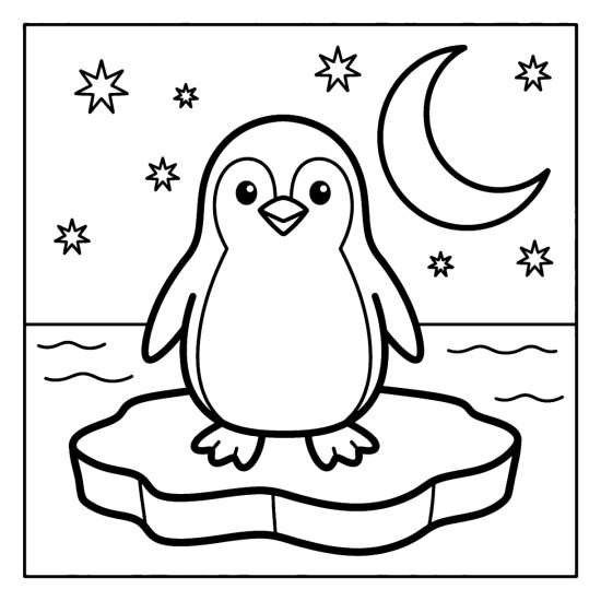Penguin on an ice floe under a big crescent moon and stars coloring sheet