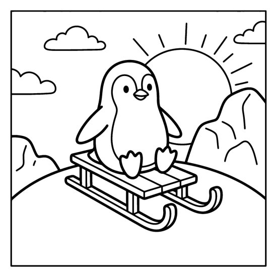 Penguin sitting on a small wooden sled at the top of a snowy hill coloring page