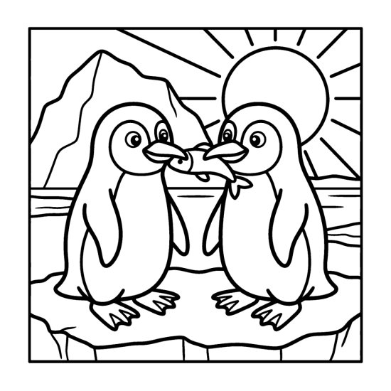Two penguins gently sharing one fish between their beaks on the ice in bold and easy