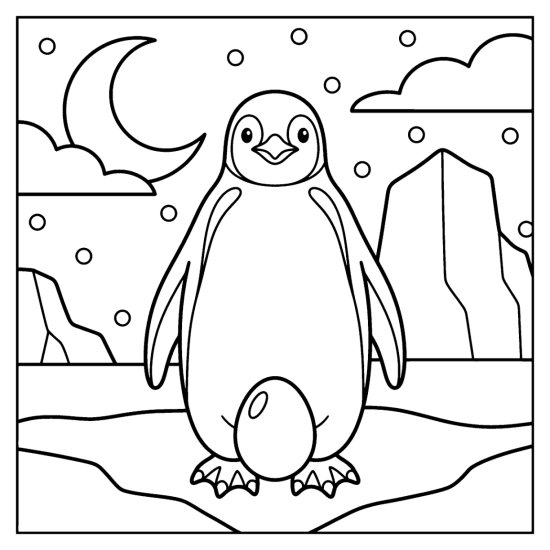 Emperor penguin balancing a round egg on its feet under a crescent moon in bold and easy