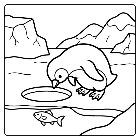 Penguin peering into a round hole in the ice with a fish swimming below coloring page