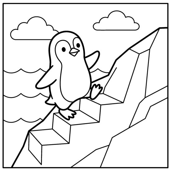 Penguin climbing a stepped iceberg slope with the sea and clouds behind in bold and easy