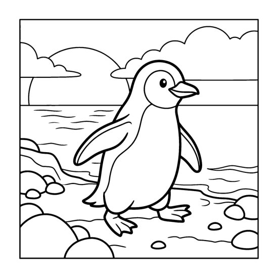 Penguin waddling along a pebbly shoreline at sunrise with gentle waves coloring sheet