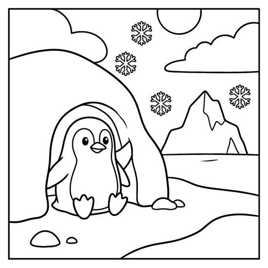 Penguin peeking out of a rounded snow cave with falling snowflakes and an iceberg in bold and easy