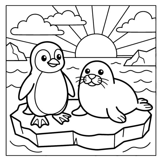 Penguin standing beside a friendly seal on an ice floe at sunrise coloring sheet