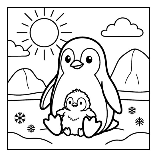 Parent penguin with a fluffy chick on its feet under a bright sun and snowflakes coloring page