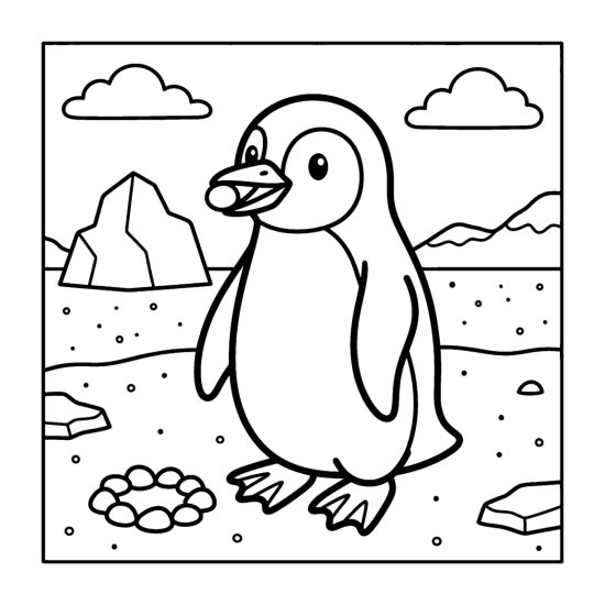 Penguin holding a pebble in its beak beside a ring of pebbles on the snow coloring sheet
