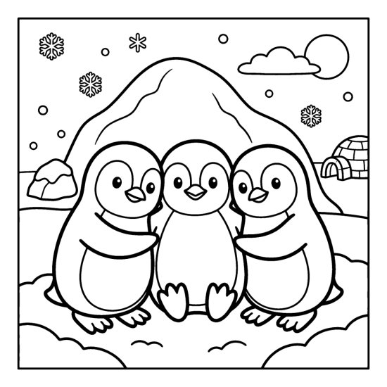 Three penguins huddling together on the snow with falling flakes and an ice hill in bold and easy
