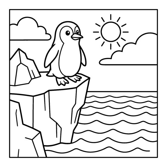 Penguin standing on a tall iceberg looking out over the sea with sun and clouds coloring page