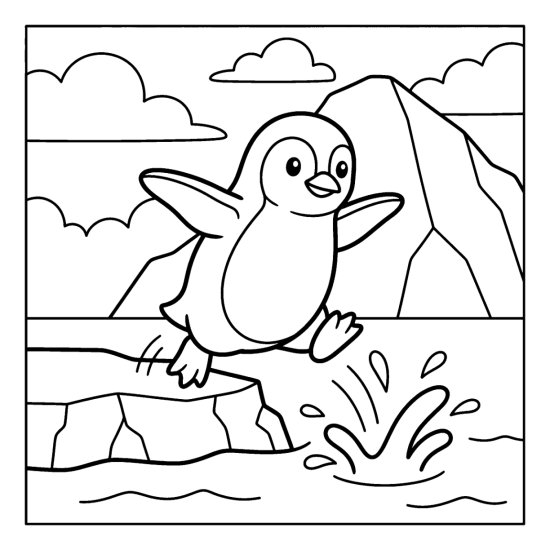Penguin leaping off an ice ledge with flippers spread toward a splash below in bold and easy