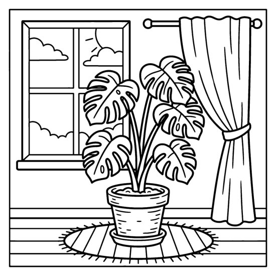 A potted monstera with large split leaves beside a window with a rug and curtain, coloring page