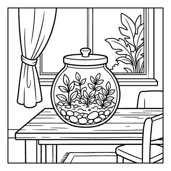 A glass terrarium jar of small plants and pebbles on a table by a window, coloring page