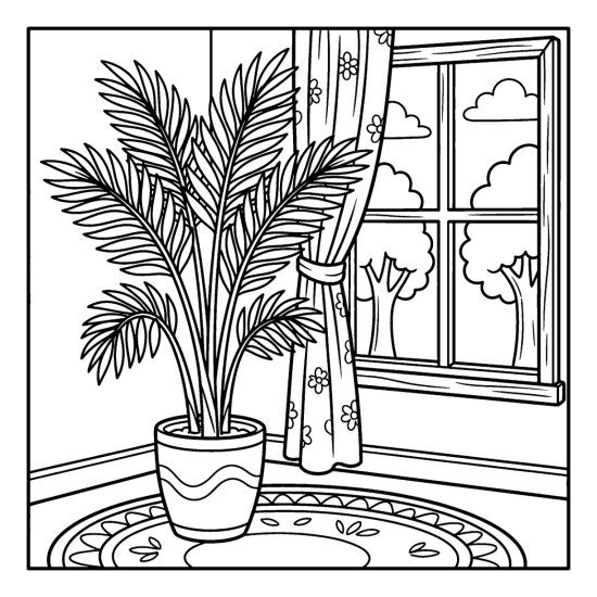 A potted areca palm with tall feathery fronds in a room corner by a window, coloring sheet