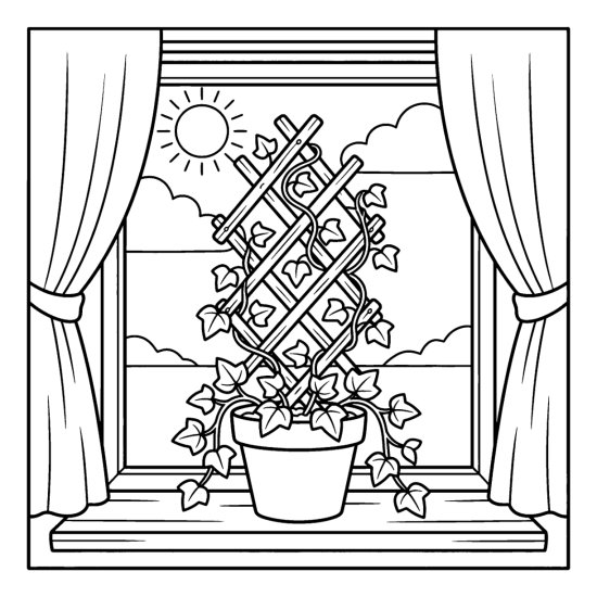 A potted ivy climbing a wooden trellis on a window ledge with a sun, coloring page