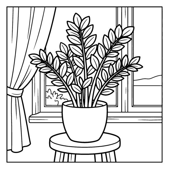 A ZZ plant with glossy upright stems of oval leaves in a pot on a stool, coloring sheet