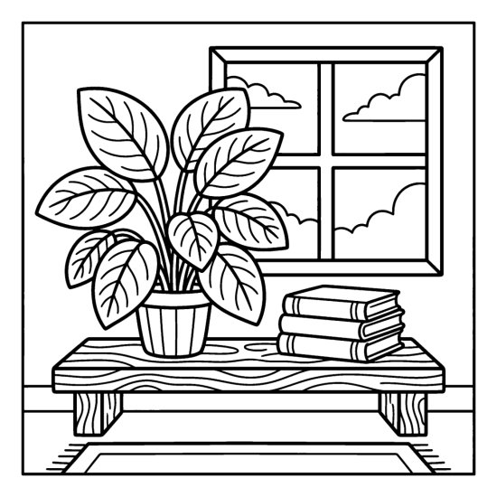 A prayer plant with patterned oval leaves in a pot beside blank books and a window, coloring page