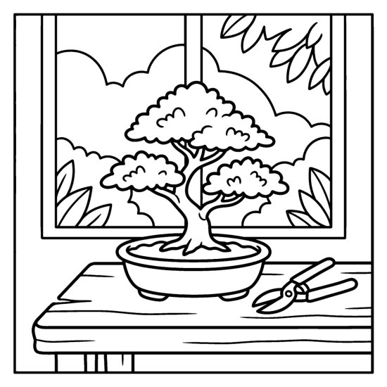A small bonsai tree with a shaped canopy in a shallow dish with pruning shears, coloring sheet