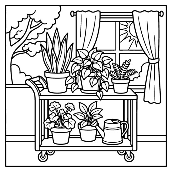 A rolling trolley holding several potted leafy plants with a watering can, coloring page