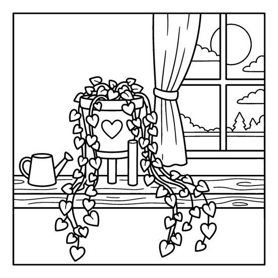 A string of hearts with long trailing strands of heart shaped leaves by a window, coloring sheet