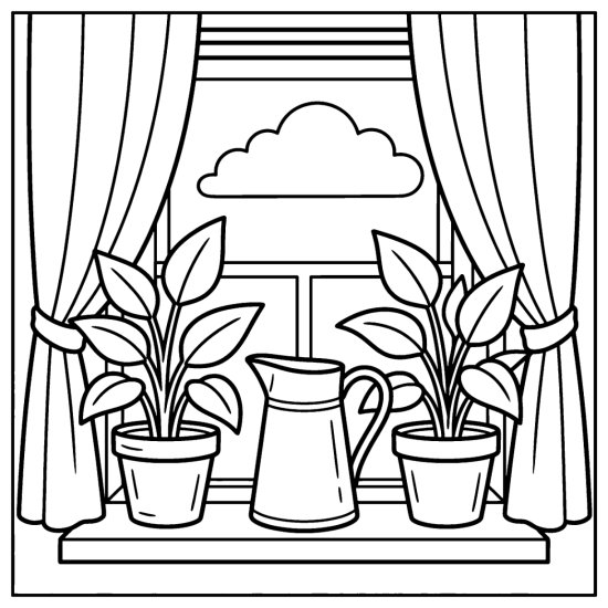 A metal jug between two potted leafy plants on a window ledge below a cloud, coloring page